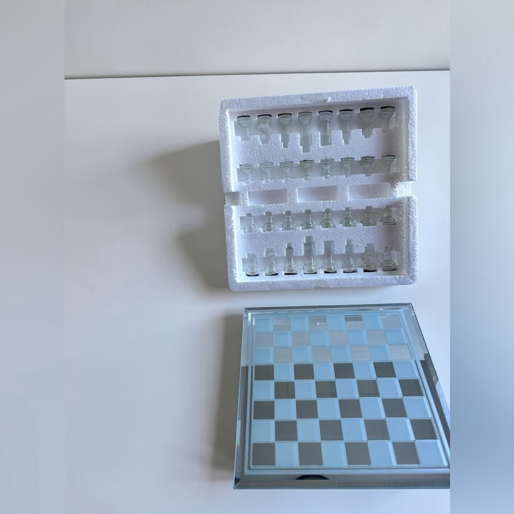 Glass Chess Set Mirrored Board Frosted Clear Pieces